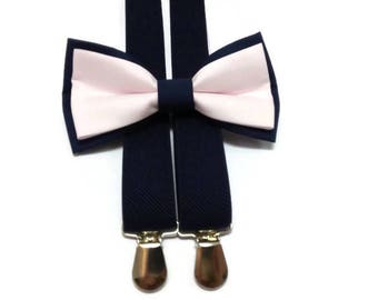 NAVY blue light pink bow tie wedding blush navy outfit set of bowrie & suspendrers  , for groomandfor groomsmen , for ringbearer , BSB588*/4