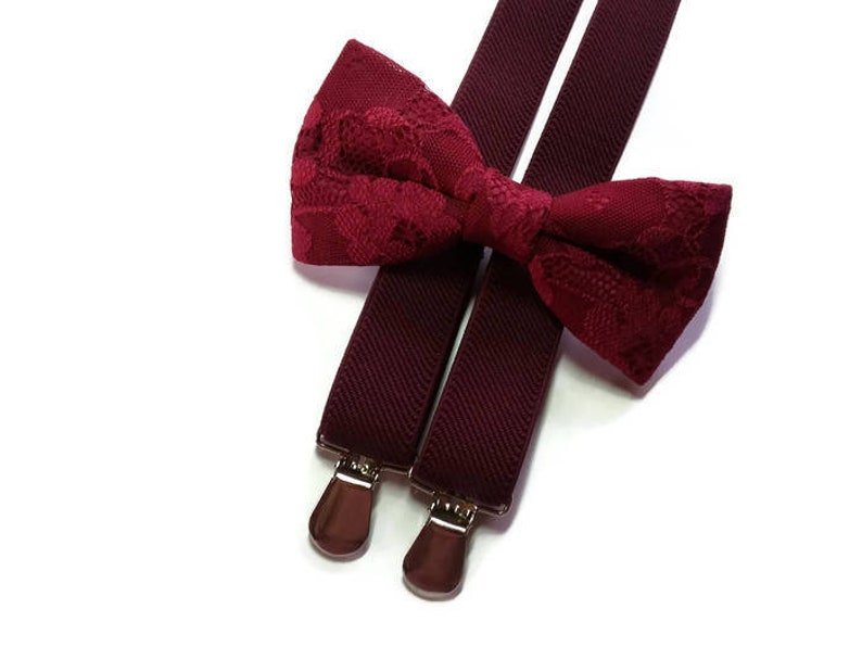 Burgundy LACE wedding burgandy bow tie suspenders set Etsy