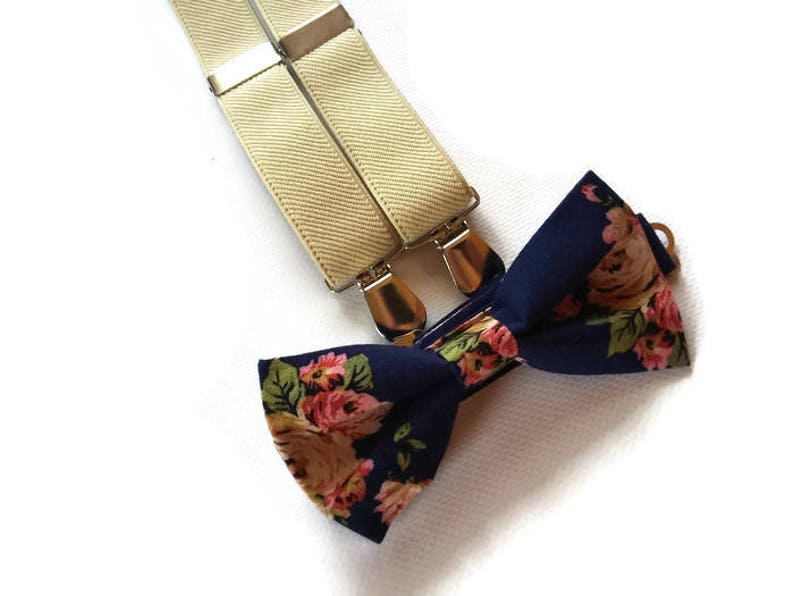 Beige Suspenders and Navy Roses Floral Bowtie for Wedding - Etsy