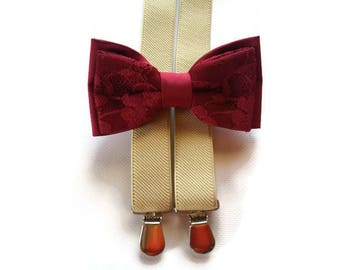 Beige suspenders and burgendy lace satin bowtie for wedding outfit for ring boys bearer grromsmen