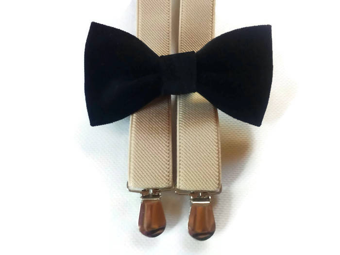 BLACK VELVET bow tie and suspenders beige wedding outfit ring Etsy