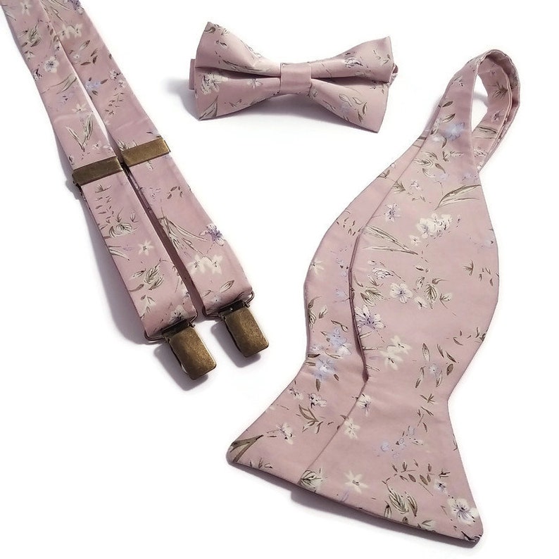 Elegant pink and Blush tiny blossom Ring bearer bowtie Toddler suspenders SATIN men/'s handkerchief Baby Boys braces Groomsmen Groom necktie