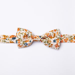 Groomsmen bow ties white orange blue tiny blossoms pattern wedding ring bearer gromm groommsmen torddler infant boy kids hair bow dog bowtie