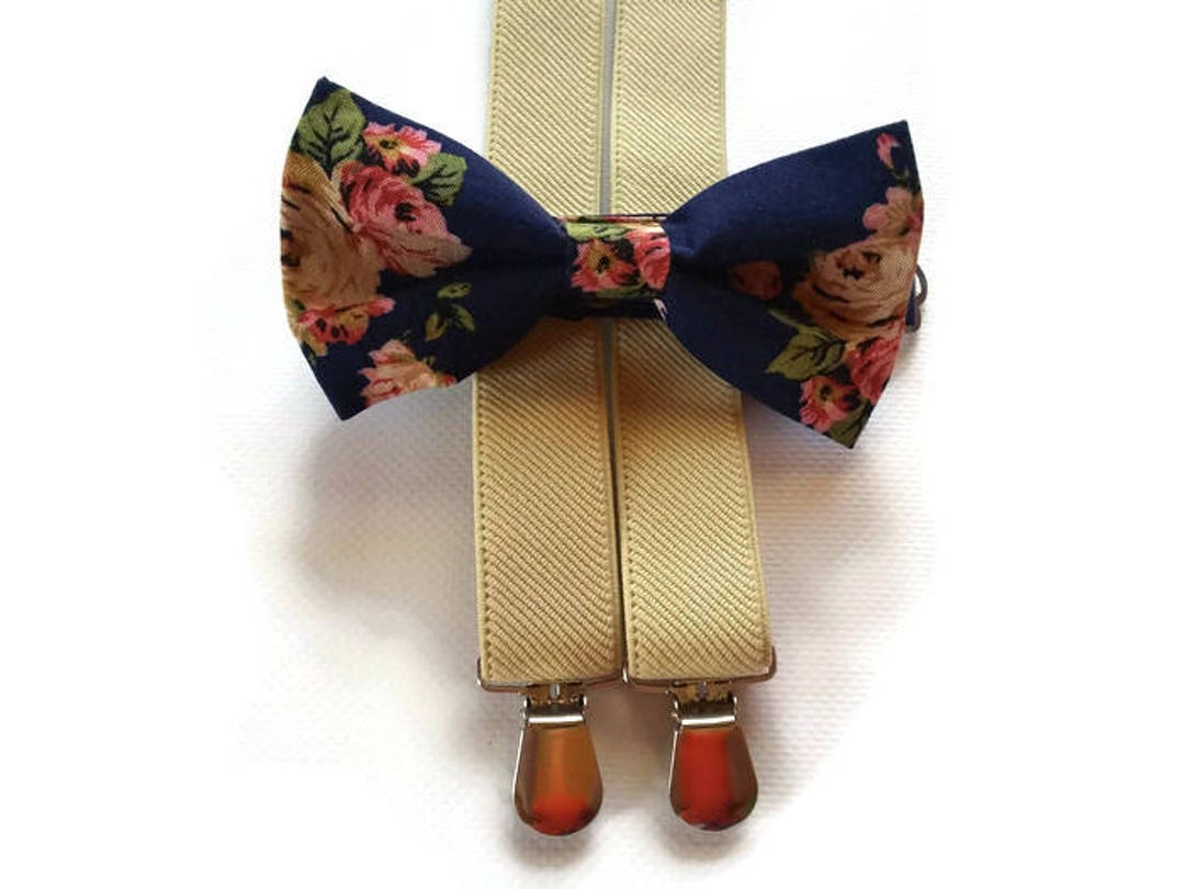 Beige Suspenders and Navy Roses Floral Bowtie for Wedding - Etsy