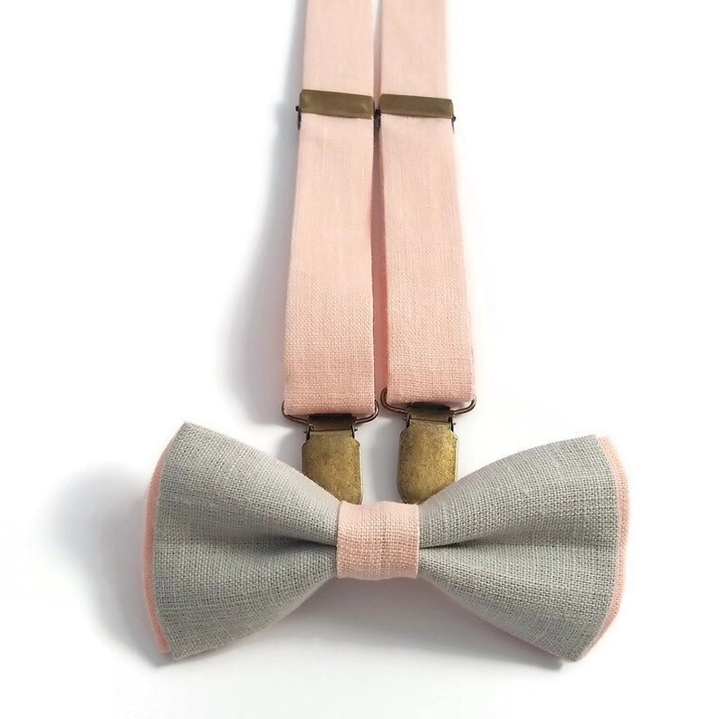 Nude colors wedding slate gray and peach linen double colored bow tie set matching suspenders ringbearer outfit ideas men groomsmen Groom