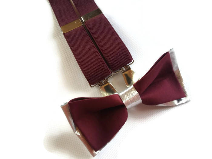 Burgundy SILVER wedding bow tie and suspenders boys ringbearer | Etsy