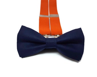 navy blue solid bow tie,ORANGE suspenders,groomsmen bowties,wedding ties,groom,ring bearer outfit,father+of+the+bride,photoshoot baby boys