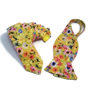 SUMMER Wedding ideas for men Groomsmen yellow green pink blue wildflowers patterned bowtie Standard necktie match suspenders face mask adult