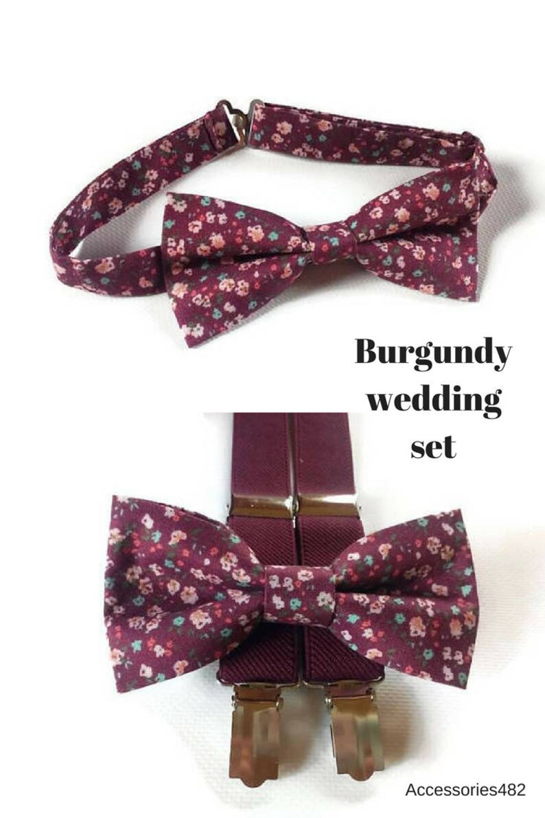 Burgundy tiny floral bow tie suspenders Etsy