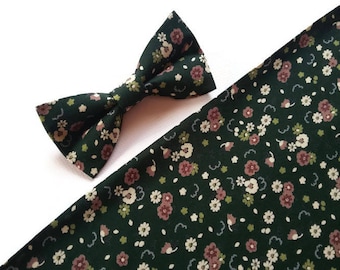 Dark green floral bow tie hunter green slim neck tie wedding in green outfit men's kids groom's self tied