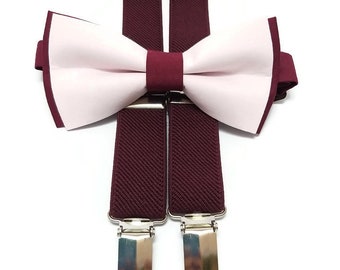 BURGUNDY+BLUSH pink bowtie,WINE suspenders,groomsmen proposal outfit,men set,skinny tie groom,ring bearers bowstie,toddler infant size adult