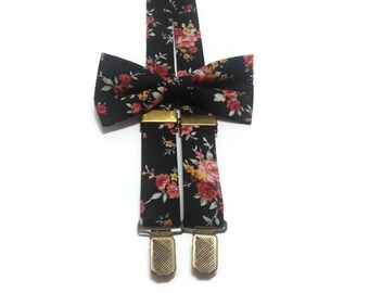 LIMITED EDITION Black floral red pink roses bow tie and martching suspenders for ringd bearer outfit wedding groom fiancee groomsmenA482