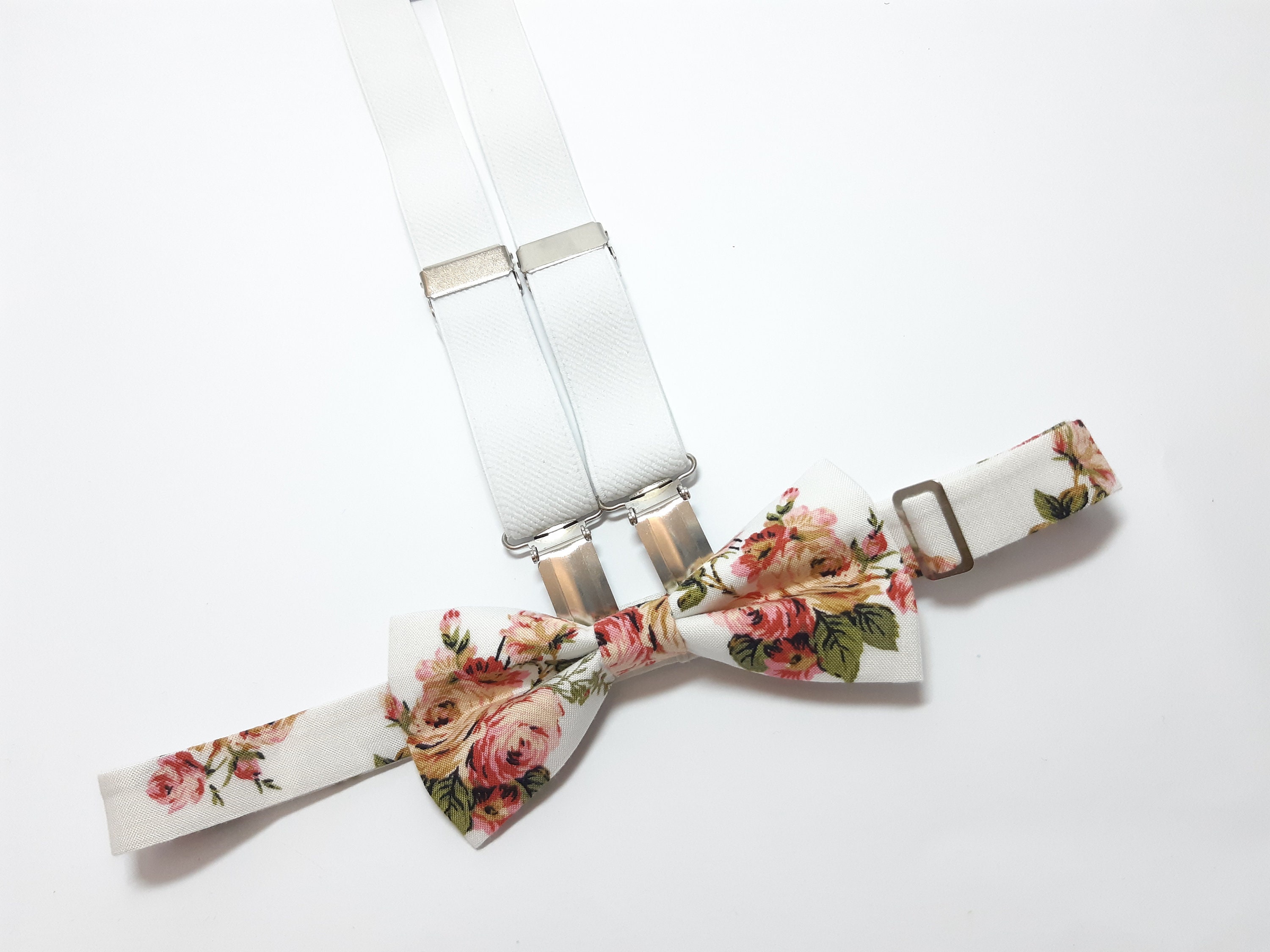 WHITE suspenders WHITE roses floral bow tie wedding set for | Etsy