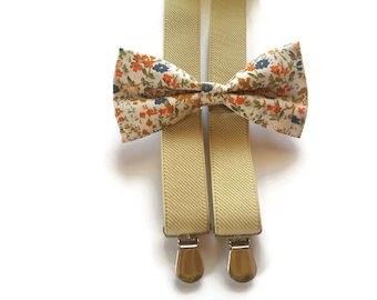 TAN suspenders and white orange blue tiny flowers clip on bow tie for wedding ring bearer set for groomsmern summer weddings groom