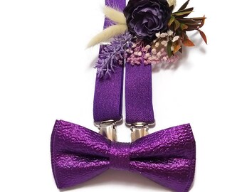 Neon violet sequinned Y-back suspenders boys toddler purple brocade bow tie boutonniere wedding outftit groomsmen groom ring security baby