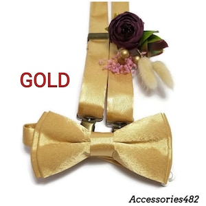 gold SATIN bow tie suspenders NECKTIE Groom pocket square Sparkle fall wedding ideas flower pin ringbearer outfit toddler men selftie bowtie