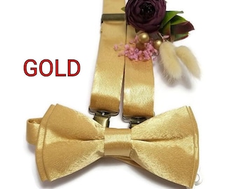 gold SATIN bow tie suspenders NECKTIE Groom pocket square Sparkle fall wedding ideas flower pin ringbearer outfit toddler men selftie bowtie