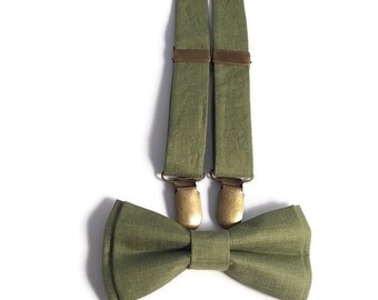 Olive green linen set of bow tie matching suspenders men toddler groomsmen Hunter greens weddins ideas Groom Father of the Bride