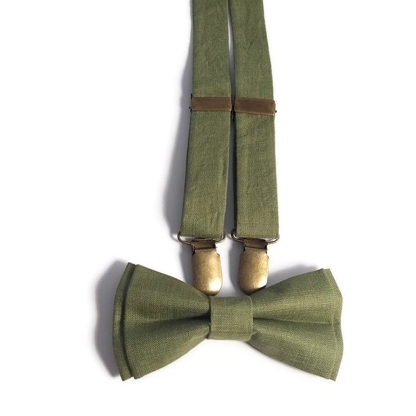 Olive green linen set of bow tie matching suspenders men toddler groomsmen Hunter greens weddins ideas Groom Father of the Bride