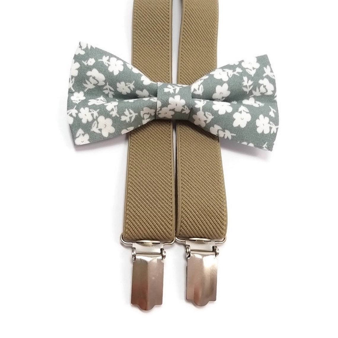SILVER SAGE Bow Tie Tan Braces White Patterned Slim Necktie Etsy