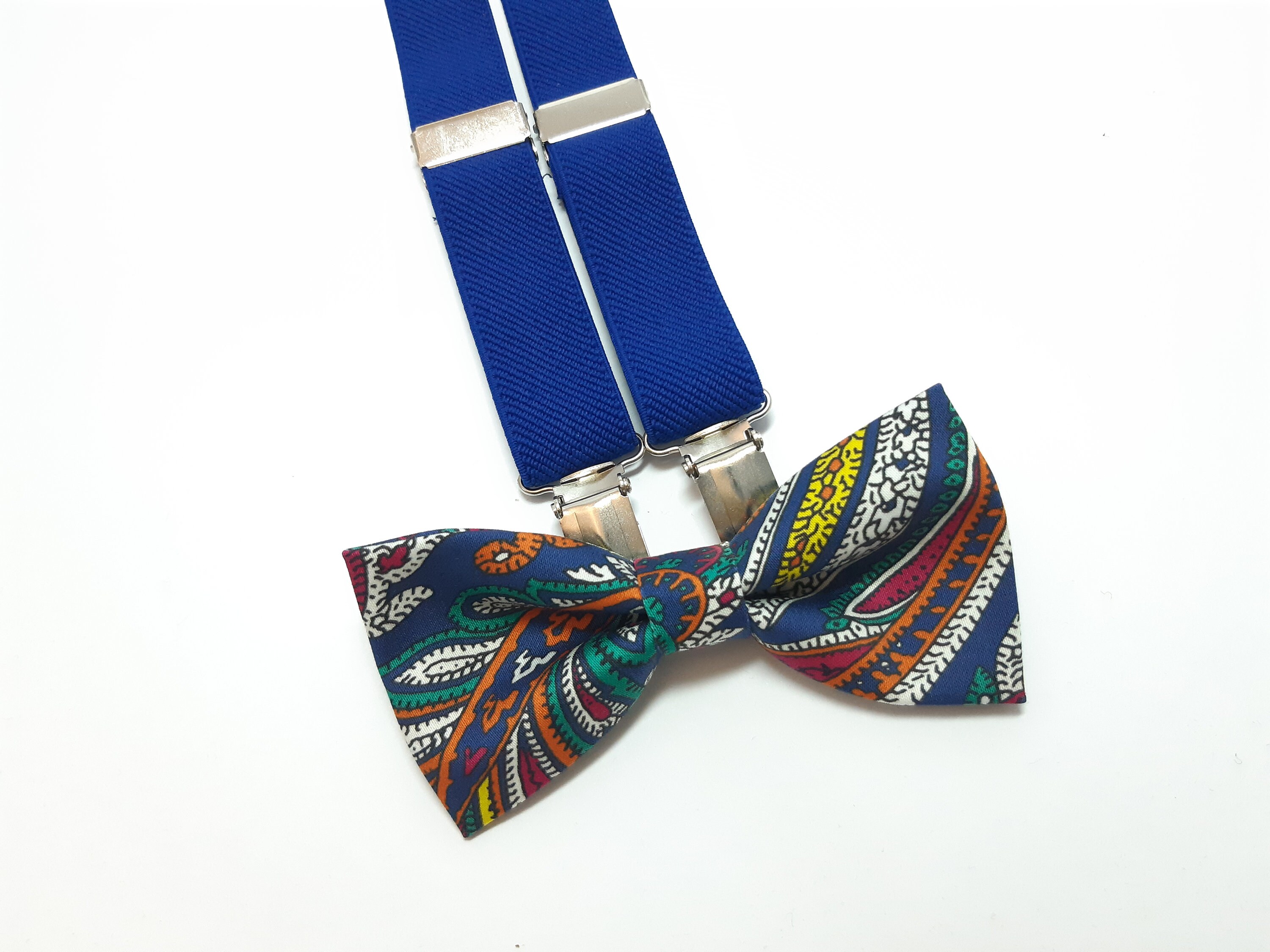 Bright paisley bow tie COBALT blue suspenders elastic Yback Etsy