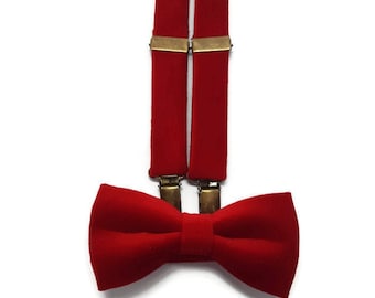 RED VELVET suspenders,ANTIQUE bronze clips,red boys bow tie,ring bearer wedding set,groomsmen suspenders,matching braces,groom skinny tiemen