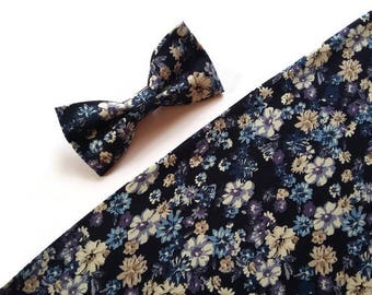 Dark blue florral wedding bow tie with beige blossoms patterned for groom&groomsmen for boysringbearer INDIGO