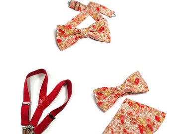 Red pink bowtie Pastel pink yellow floral bow tie RED boys suspenders Men's outfit Ringbearer bowtie Autumnal wedding Page boy braces Child