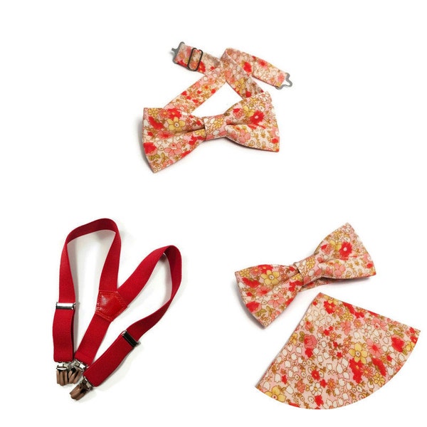 Red pink bowtie Pastel pink yellow floral bow tie RED boys suspenders Men's outfit Ringbearer bowtie Autumnal wedding Page boy braces Child