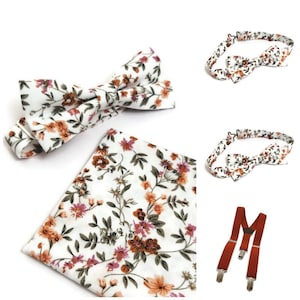 White off Rust terracotta brown fall pink sage green floral bow tie handkerchef RUST elastic suspenders Groom Groomsmen Grandson Ringbearer