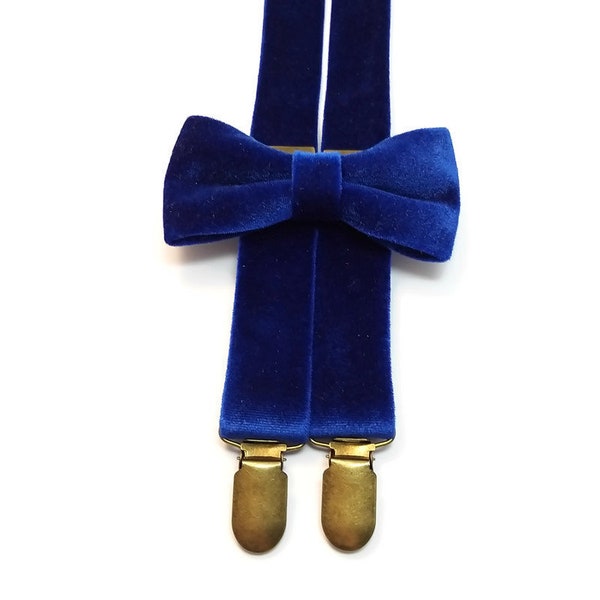 royal blue velvet set of bow tie and  electric suspenders cobalt blue Groomsmen self tie bowtie Narrow necktie ring bearer outfits page boy