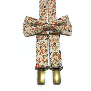 white orange tiny liberty floral suspenders and bow tie for rind bearers outfitts for men for groom for groomsmen phortoshoot set for boys