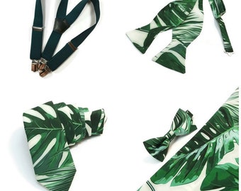 Monstera leaves necktie Tropical Boho Chic Beach wedding ideas Emerald suspenders bowtie child adult skinny tie Groomsmen Groom toddlelr boy