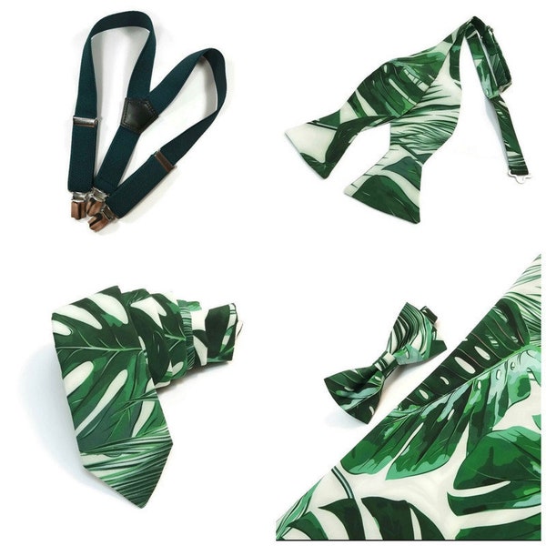 Monstera leaves necktie Tropical Boho Chic Beach wedding ideas Emerald suspenders bowtie child adult skinny tie Groomsmen Groom toddlelr boy