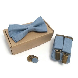 DUSTY blue WEDDING Linen bowtie match suspenders Groomsmen Groom Floral Solid Socks Will you be my groomsmen Cufflinks Men attire ringbearer