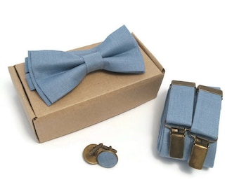 DUSTY blue WEDDING Linen bowtie match suspenders Groomsmen Groom Floral Solid Socks Will you be my groomsmen Cufflinks Men attire ringbearer