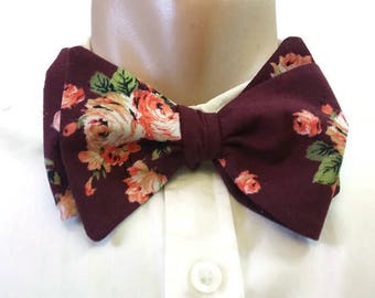 burgundy floral roses SELF TIED bow tie groom groomsmen ring bearer outfit wedding man accessory brother husband fiancee boytfriend