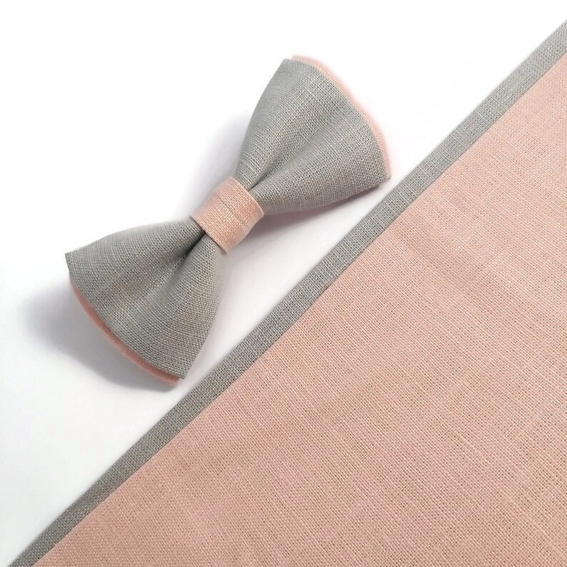 Nude colors wedding slate gray and peach linen double colored bow tie set matching suspenders ringbearer outfit ideas men groomsmen Groom