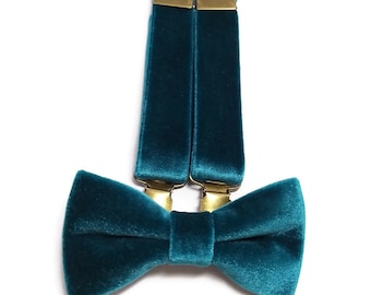 Peacock velvet bow tie fabric suspender Antique TEAL clips ringbeareroutfit GREEN Blue wedding ideas brother  bride officiant pocket square