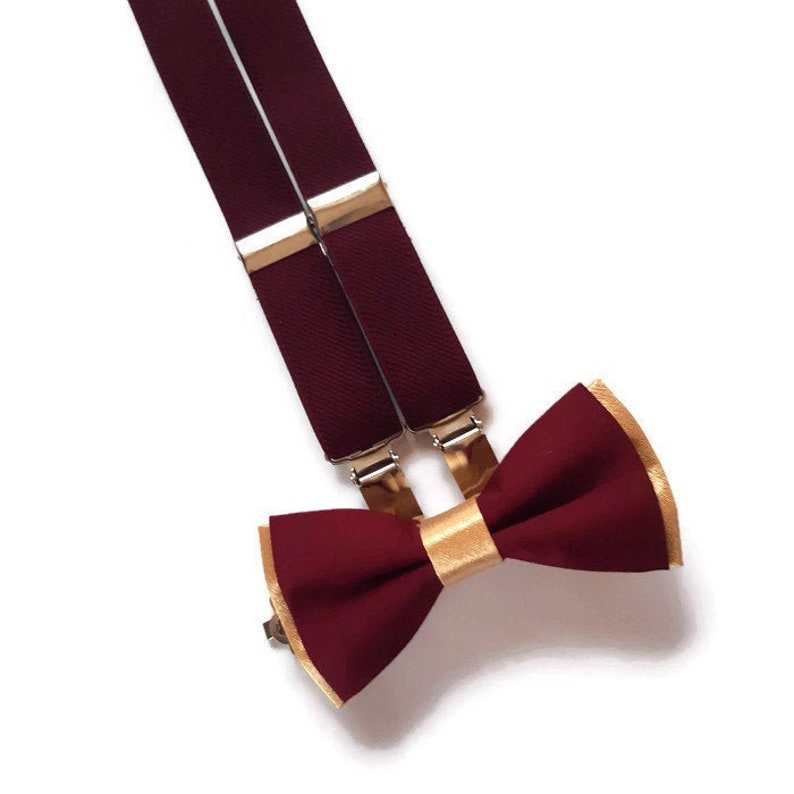 GoldBurgundy bow tie,WINE elastic suspendes SILVER CLIPS ,berry wedding set ringbearer boys,groomsmen outfit,groom gold necktie image 8