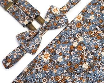 Blue Rust Beige tiny floral matching set of bow tie and suspenders young groomsmen ringbearer outfit Officiant Minister weddings party Men