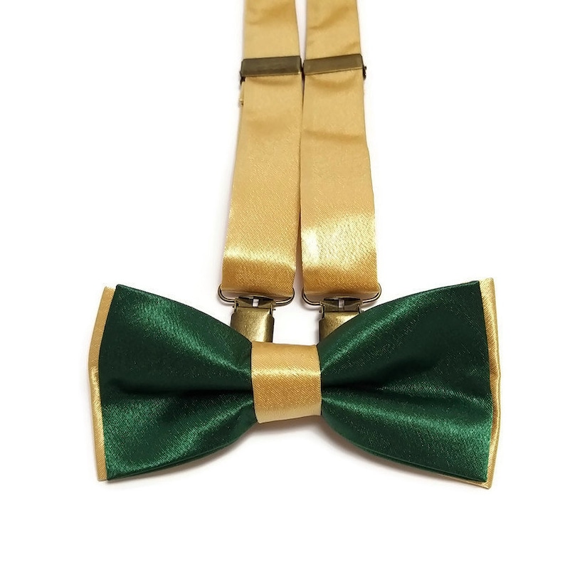 EMERALD GREEN GOLD satin wedding ideas for groomsmen double layered bow tie gold suspenders weddings boutonnieres toddler infant golden tie