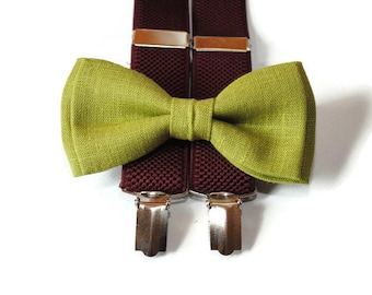 olive bow tie linen,burgundy suspenders,boy set for wedding,set for ring bearer,fall outfit for infant,bow tie and suspenders,toddler bowtie