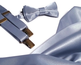 GRAY Dusty Blue suspenders Fall Wedding SATIN bow tie Man of Honor Proposal gift Classic Men's neck tie Toddler braces Groomsmen neckties