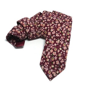 BURGUNDY2 beige tiny floral slim neck tie for groom and groomsmen matching wedding suspenders and bow ties selftied ring bearer outftits