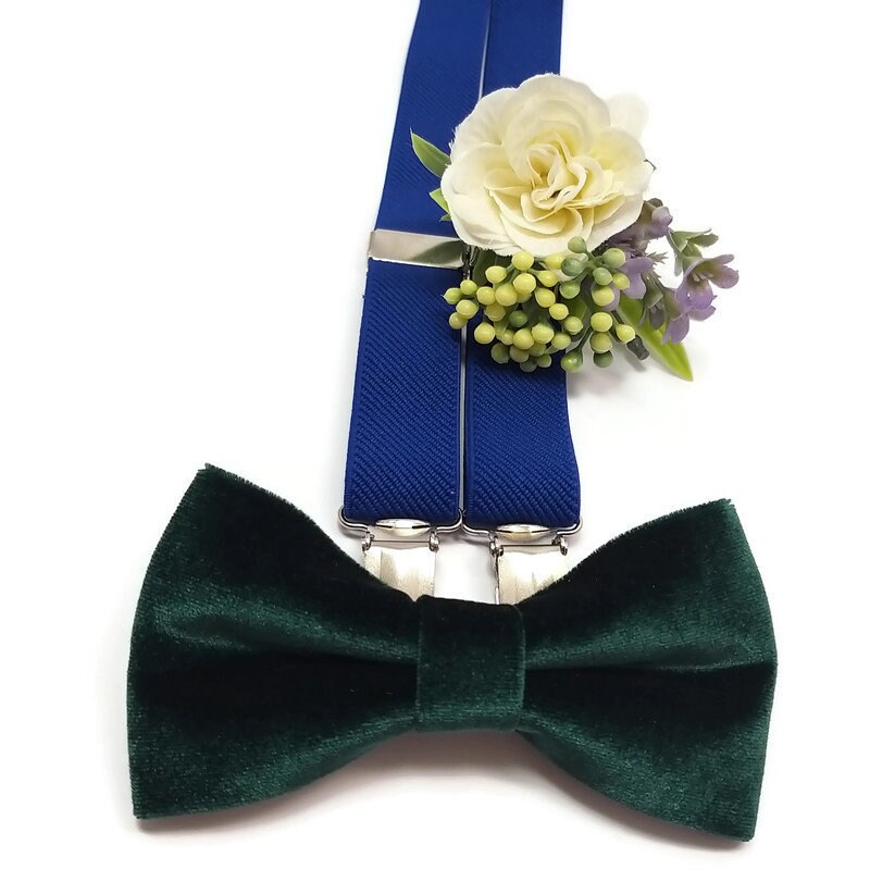 COBALT blue ELASTIC braces velvet bow tie green suspenders set Etsy