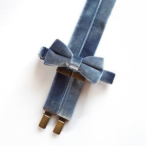 DUSTY blue suspenders VELVET bow tie Winter wedding Ideas Groon Attire Groomsmen outfit toddler braces infant set Man of Honor Father's Day