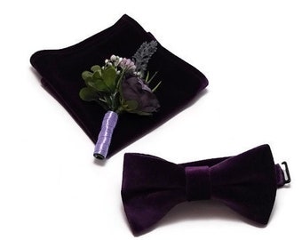 PLUM2 velvet bowtie,violet necktie,pocket square,groomsmen bow ties,groom's wedding tie,boutonnieres,youth bow tie,fatherofbride,boyfriend