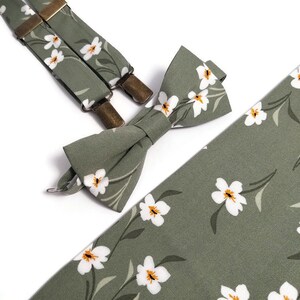 Sage Green bowtie floral necktie matching suspenders Narrow Regular ties Groom Groomsmen Ringbear Botanical Wedding Father Baby Boys Toddler