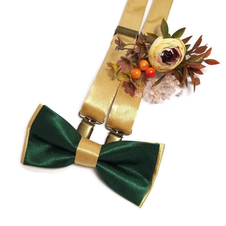 EMERALD GREEN GOLD satin wedding ideas for groomsmen double layered bow tie gold suspenders weddings boutonnieres toddler infant golden tie
